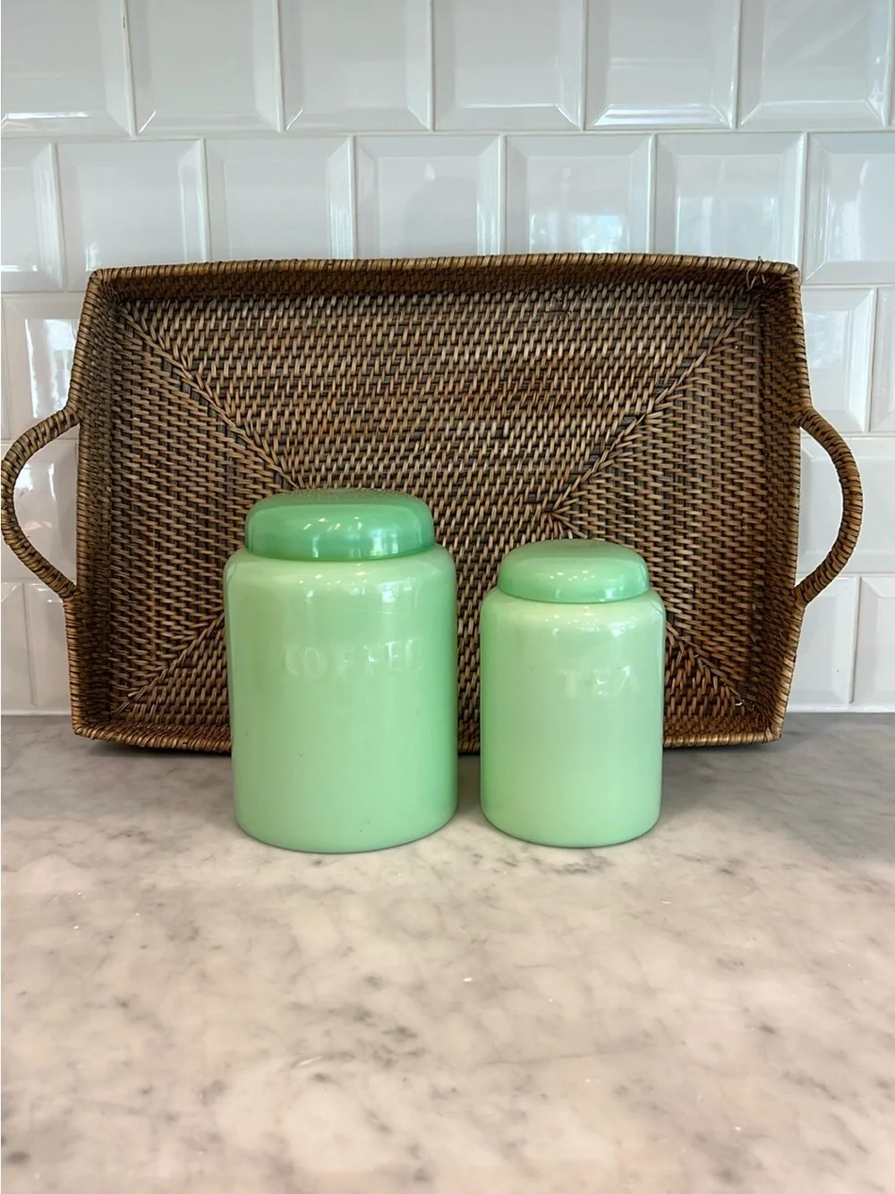 Set of 2 Reproduction Jadite Green Coffee and Tea Canister Set with Lids